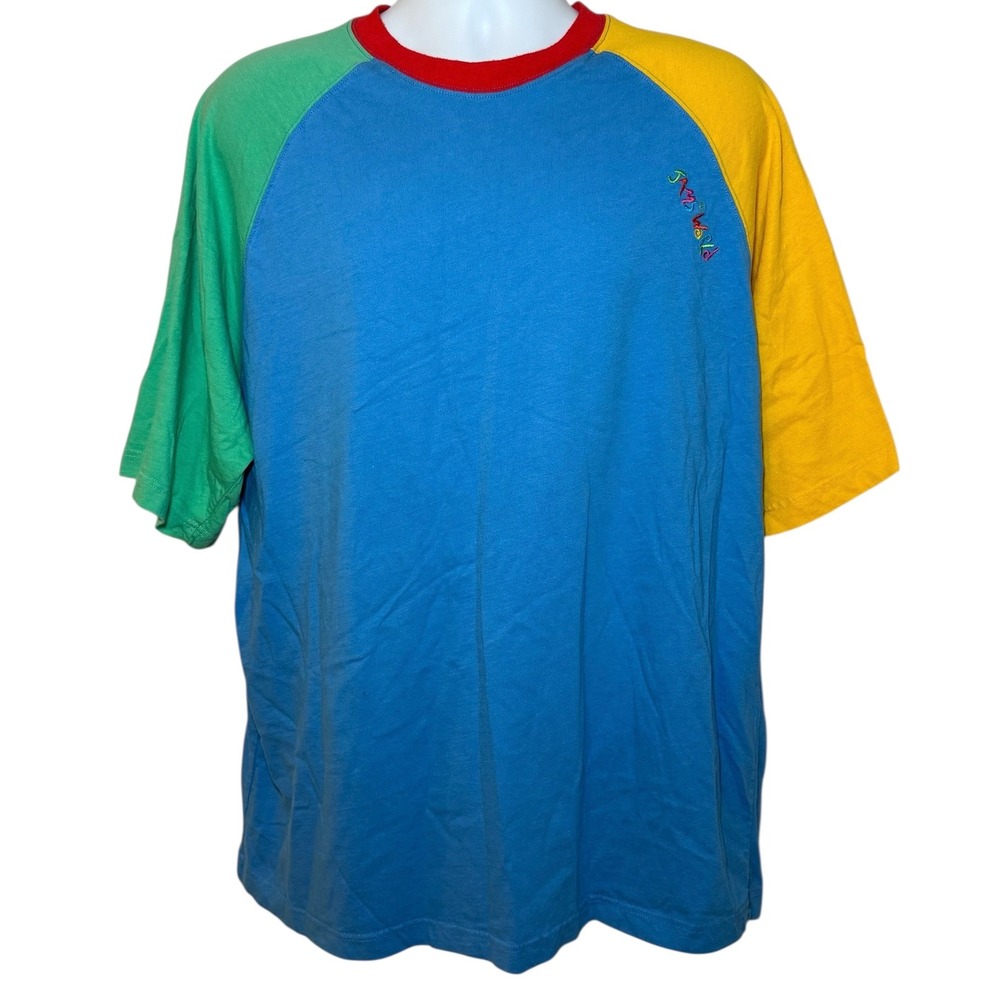 JAMS WORLD Color Block T-Shirt Mens L Blue Green Yellow Red Embroidered Logo S/S